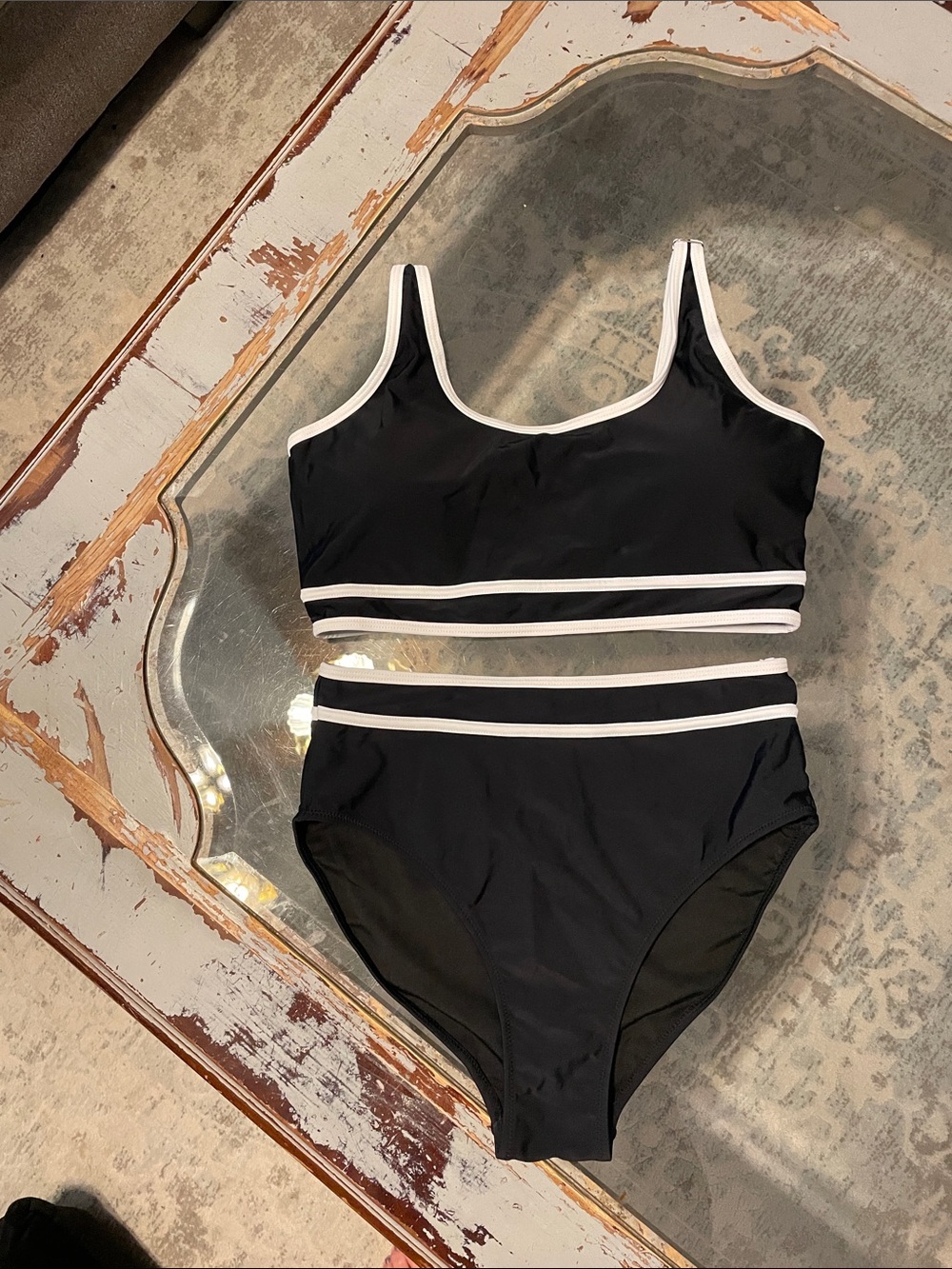 Black/White Two-Piece Bikini Set   PLEASE NOTE Top is Large and Bottom is Medium